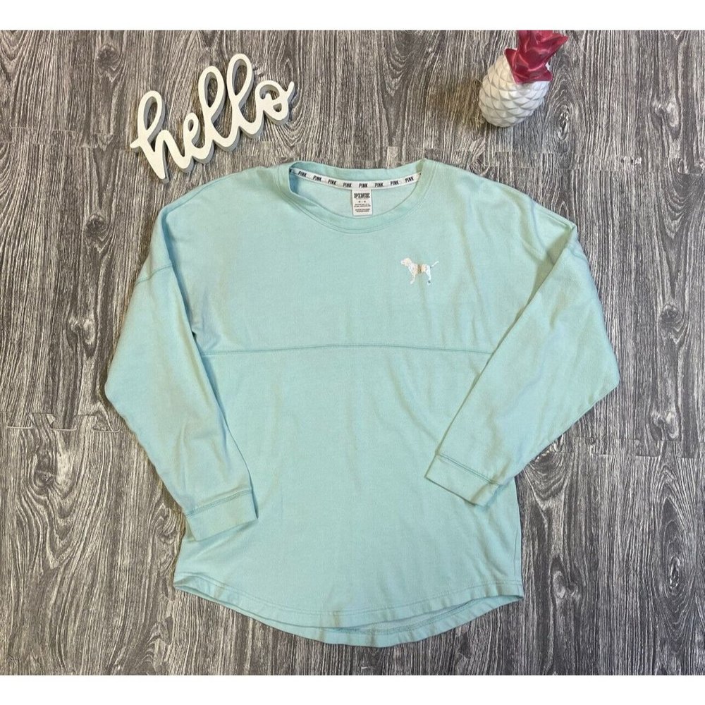 VICTORIA SECRET/PINK MINT GREEN/ SILVER METALLIC LOGO-LONG SLEEVE MEDIUM